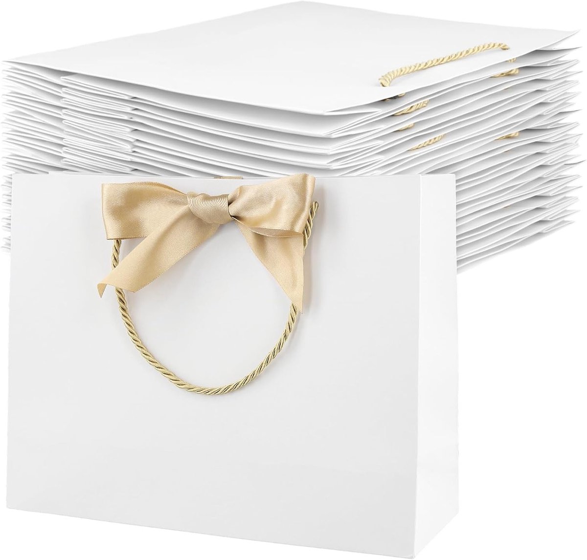 25 stuks grote witte geschenkzakken 32 x 25 x 11 cm met handgrepen en striklint voor verjaardag, bruiloften en feestelijke cadeaus