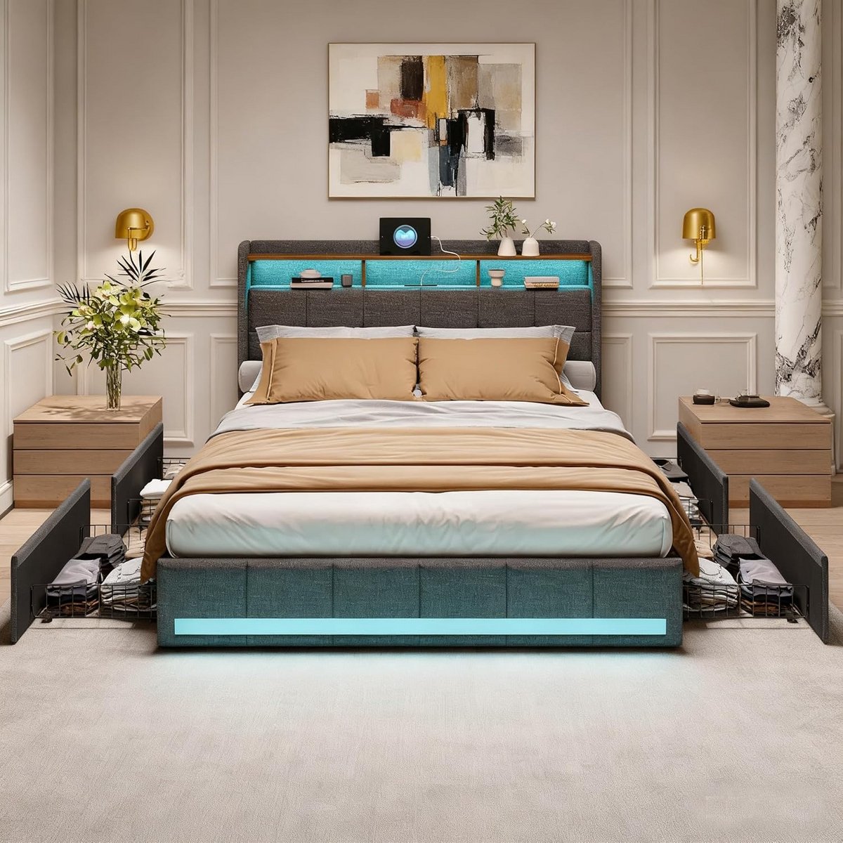 Gestoffeerd Boxspringbed 160x200 met Lattenbodem, Opbergruimte en USB-C Poorten
