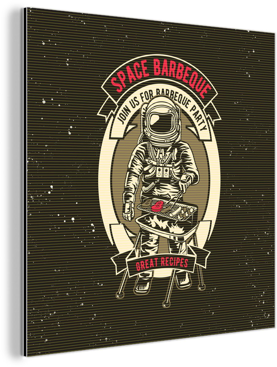 Aluminium schilderij 20x20 cm - Wanddecoratie metaal - Vintage - Astronaut - BBQ - Metalen