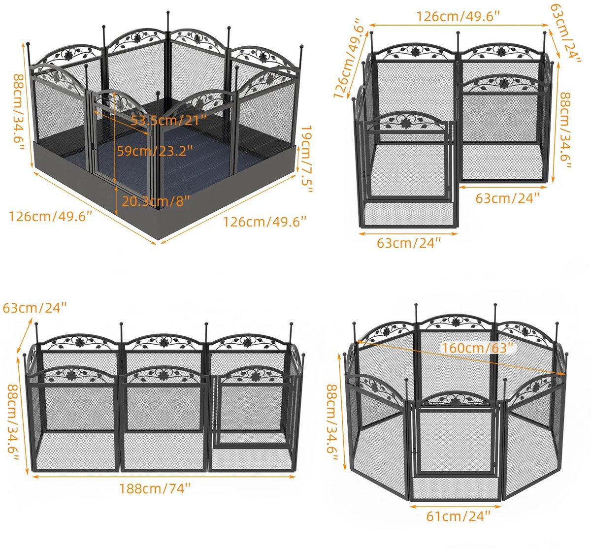 Turold - Hondenren - Hondenhek - Hondenkennel - Honden Omheining - Luxe Metalen Buitenren - Buitenshuis - 8 panelen - 126x126x8cm