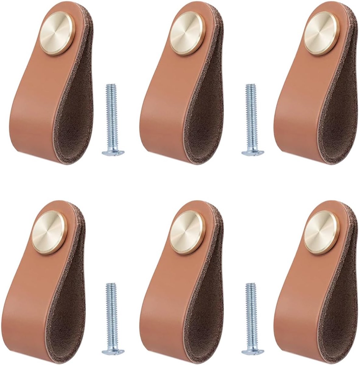Lederen Handgrepen Set - Meubelknoppen Leer - 6 Stuks - Zacht Rundleer Met Messing Kop - V