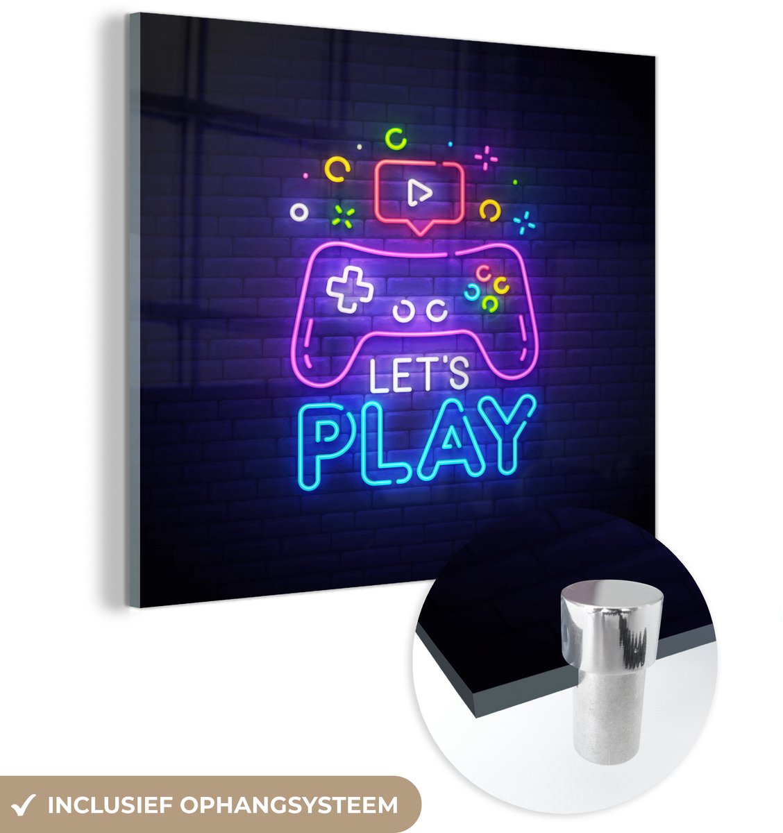 ® Glasschilderij 50x50 cm - Schilderij acrylglas - Gaming - Neon - Let's Play - Controller - Quotes - Foto op glas - Muurdecoratie woonkamer - Wanddecoratie slaapkamer - Schilderijen