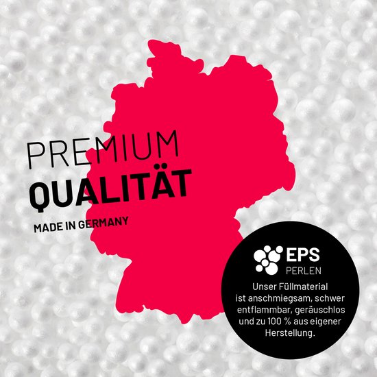 Uitleg over "Premium Qualität" en "Made in Germany" met een kaart van Duitsland en EPS parels.