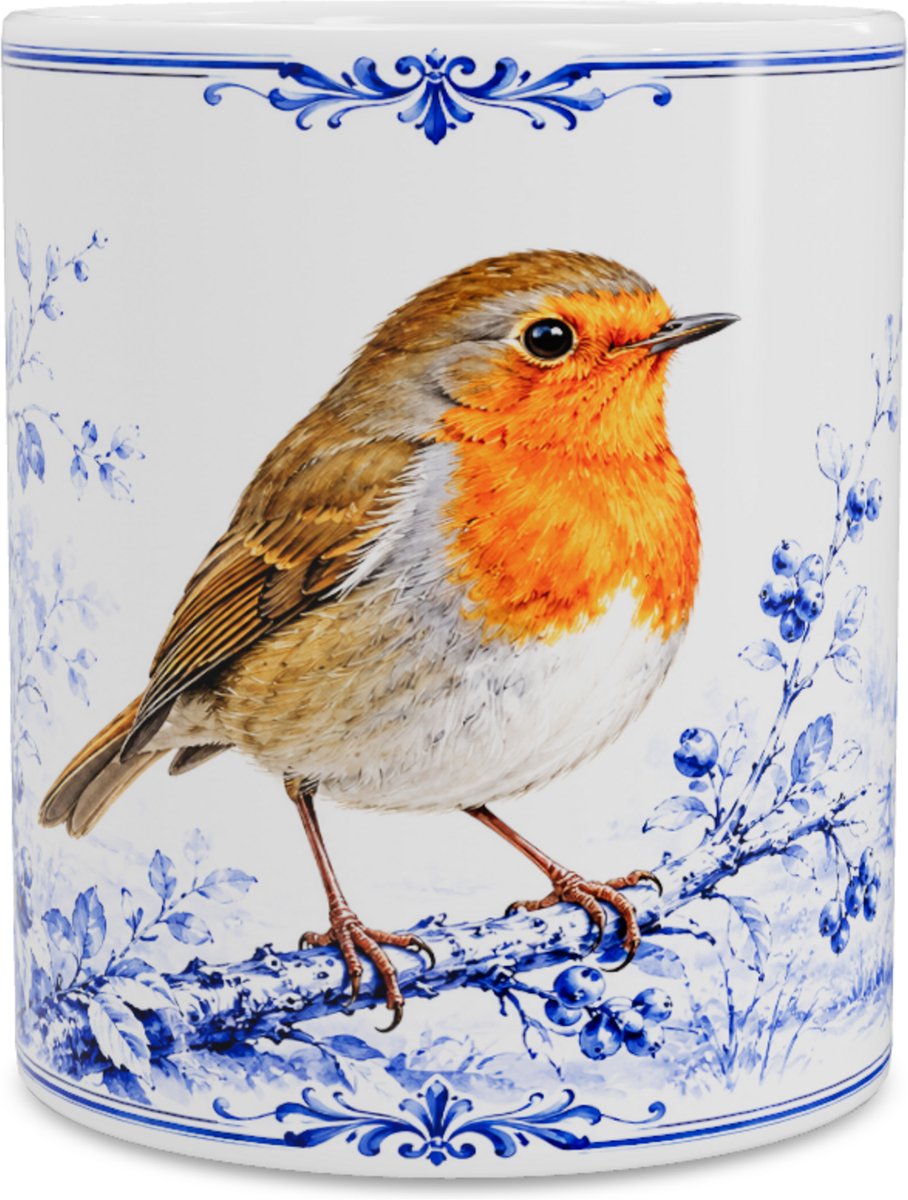 Mok Roodborstje (Erithacus rubecula) - Delfts Blauw Design - Cadeau voor Vogelliefhebber