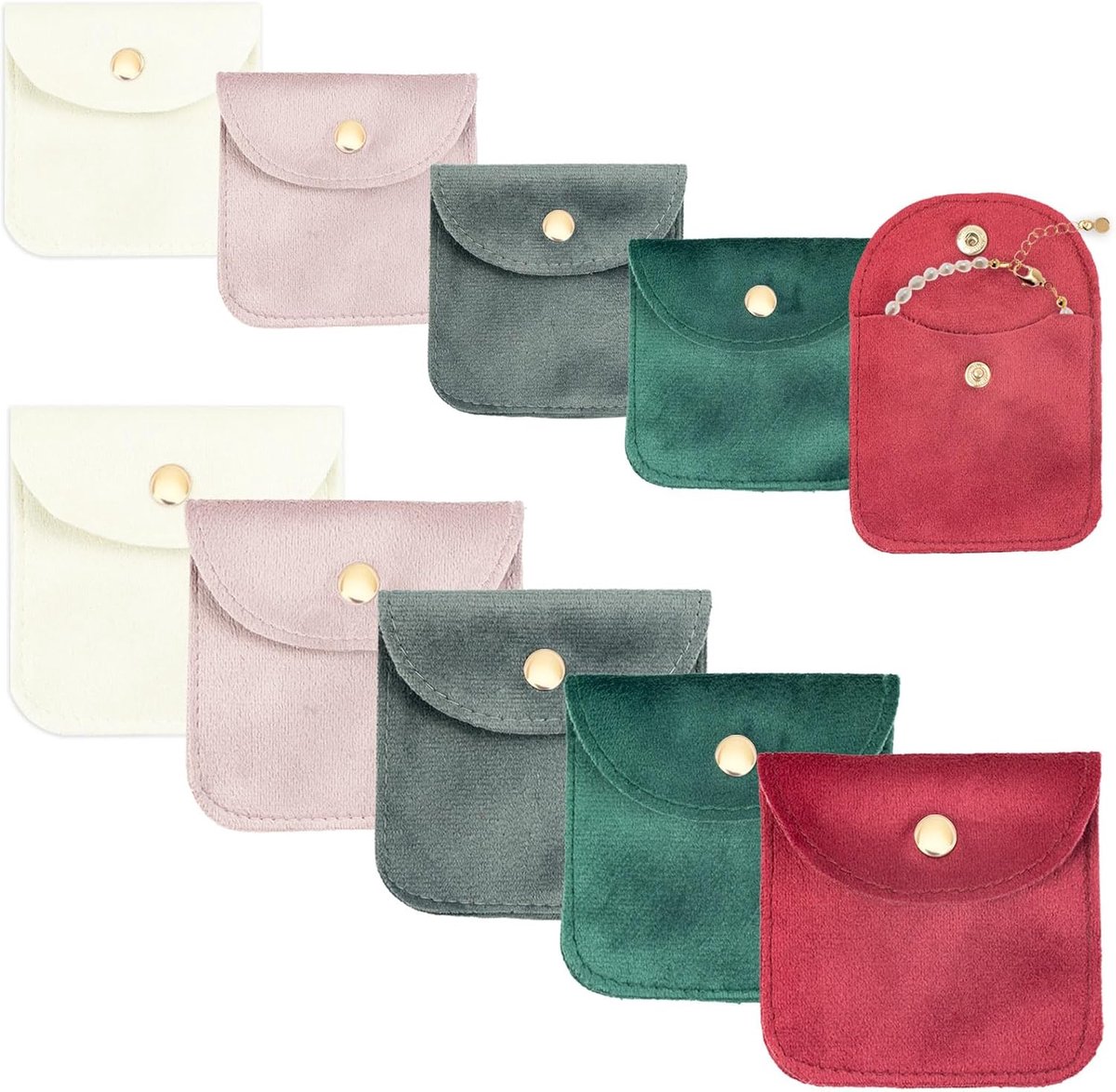 Fluwelen sieradenetuis, 10 stuks, compacte sieradendoosjes met druksluiting, zachte opbergzakjes, geschikt voor ringen, kettingen, armbanden, oorbellen, horloges, lippenstift en broches (5 kleuren)