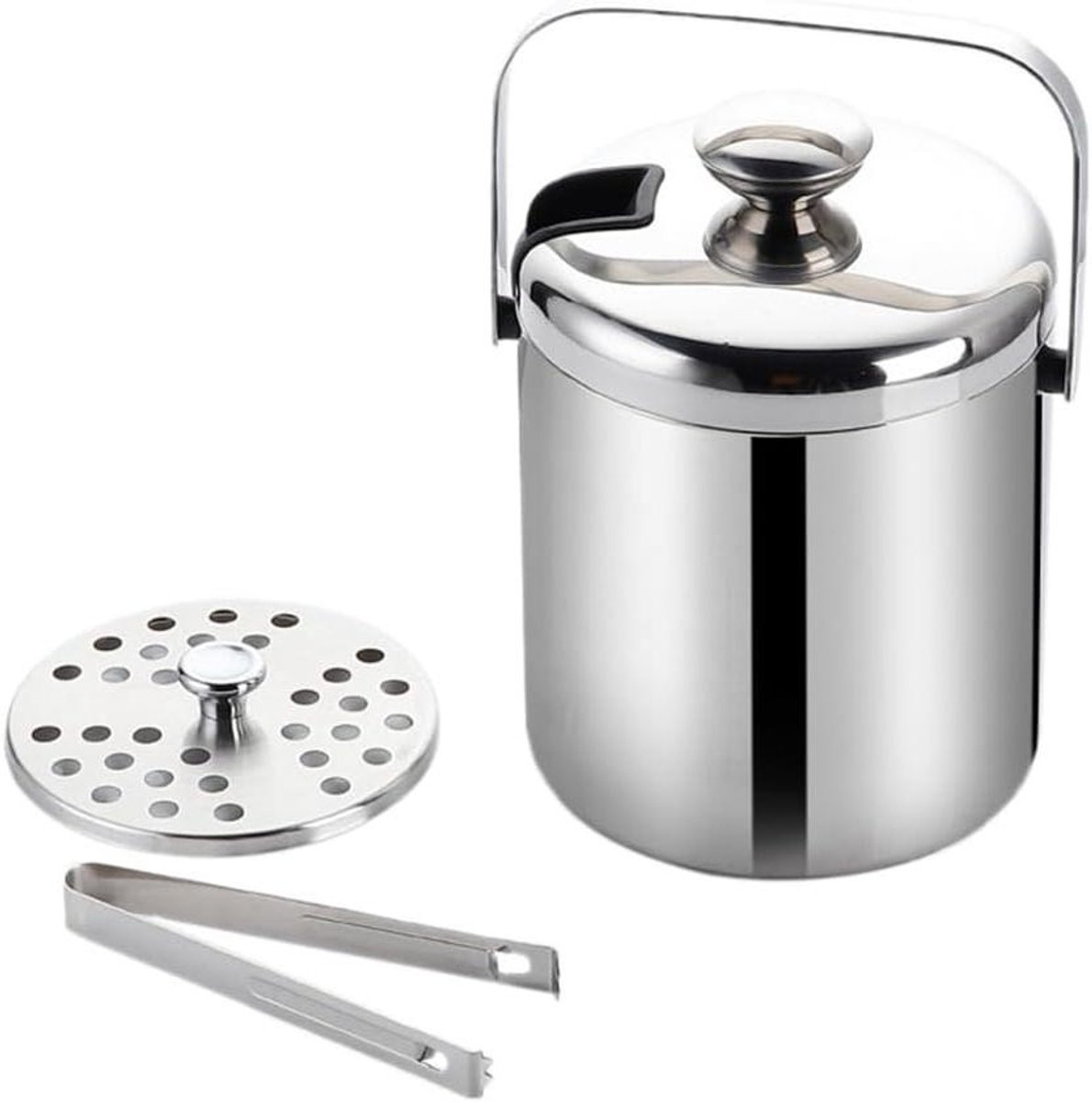 IJsemmer met Deksel - Geïsoleerde emmer - Dranken Koelen - Verwijderbare Zeef - 1300 ml - Zilver