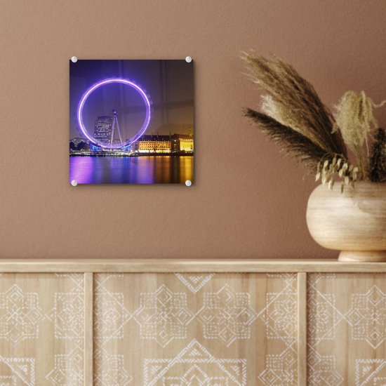 ® Glasschilderij 20x20 cm - Schilderij acrylglas - Londen - London Eye - Paars - Reuzenrad - Foto op glas - Muurdecoratie woonkamer - Wanddecoratie slaapkamer - Schilderijen