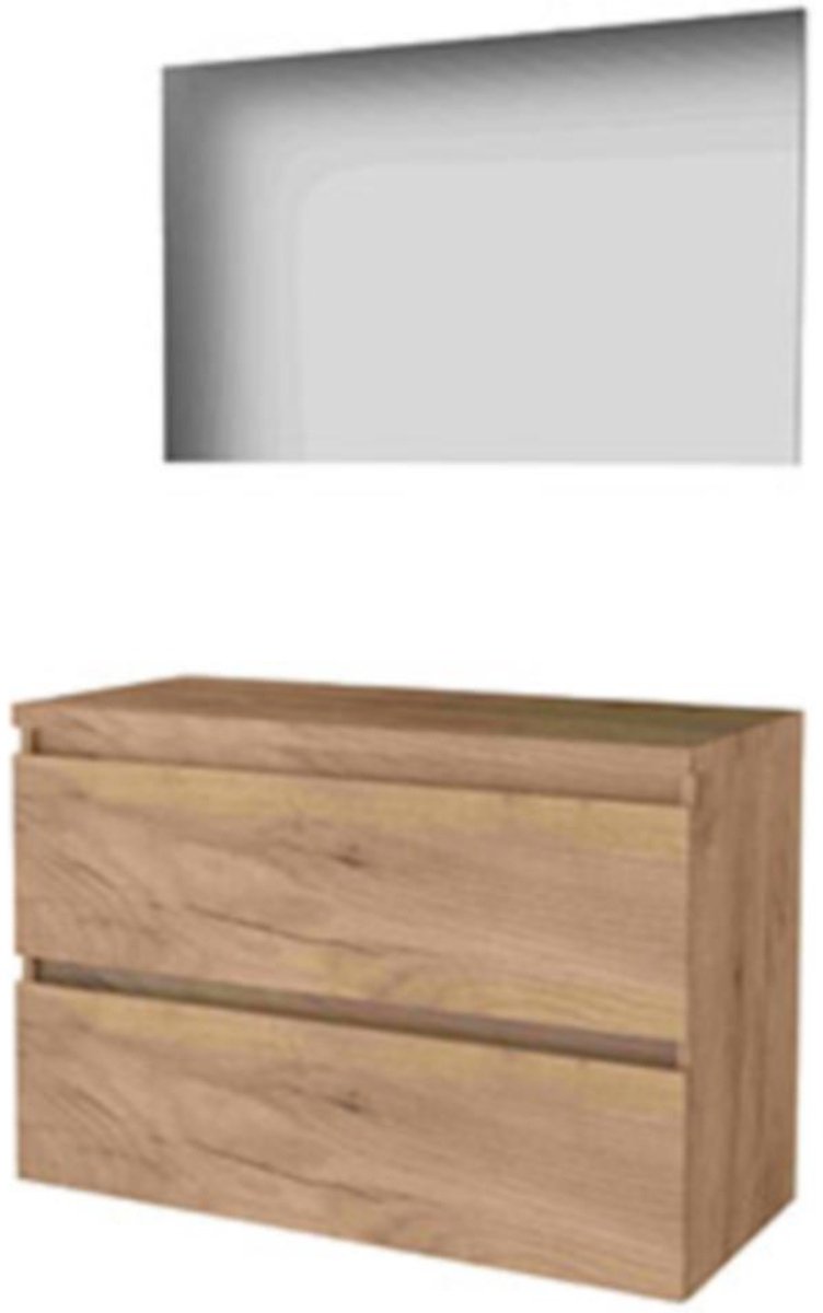 Basic-Line Basic 46 Badkamermeubelset - 100 x 46 cm - Greeploos - 2 Lades - Wastafelblad - Spiegel - Whisky Oak