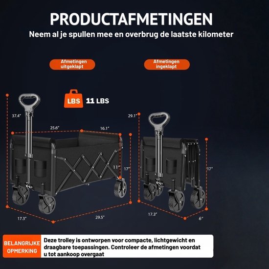Bolderkar Opvouwbaar met Rem - Premium Comfort & Grote Capaciteit - bolderwagen Lichtgewicht & Inklapbaar - 220 L Inhoud Met Staal Frame Tot 15kg - Inclusief Bekerhouders van Merkloos — afbeelding 4