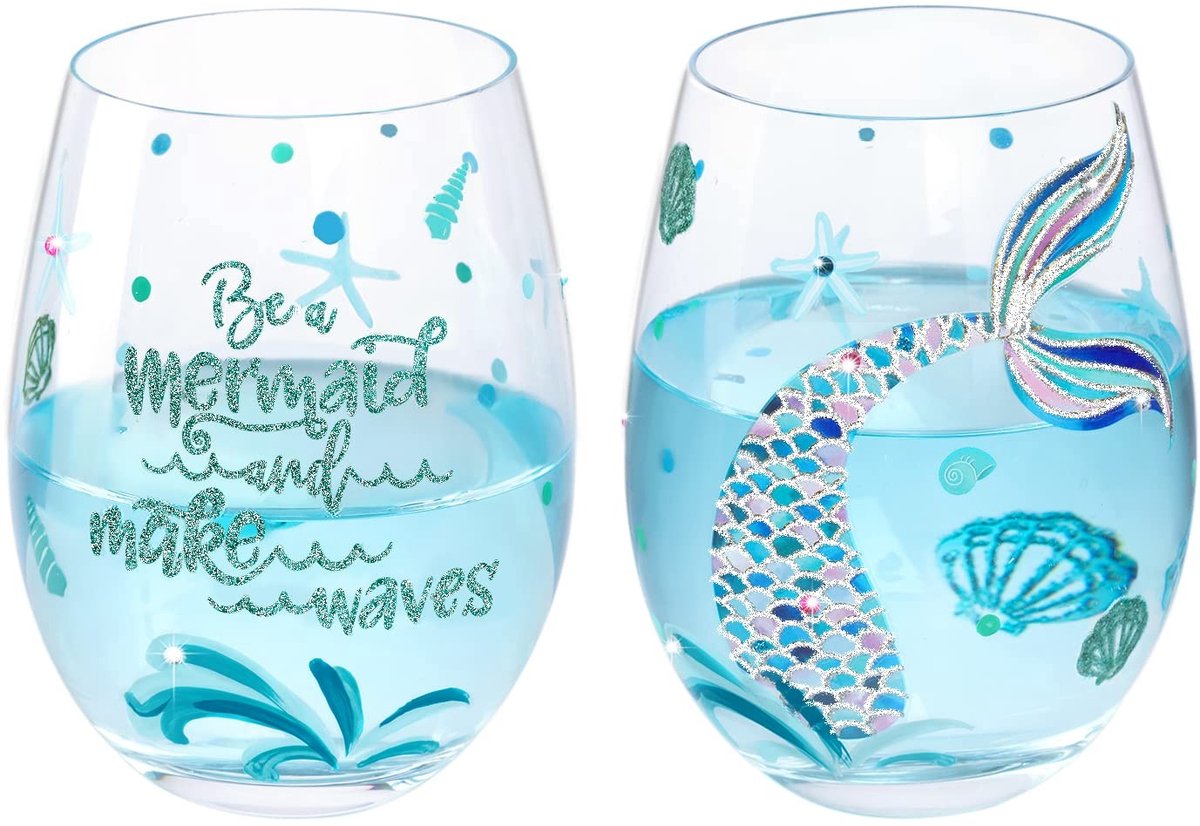 aladdien - Stemless Wijnglazen Set van 2 - Handgeschilderde Zeemeermin - Gepersonaliseerd Cadeau - 18Oz - Perfect voor Vrouwen en Feestdagen - Uniek...