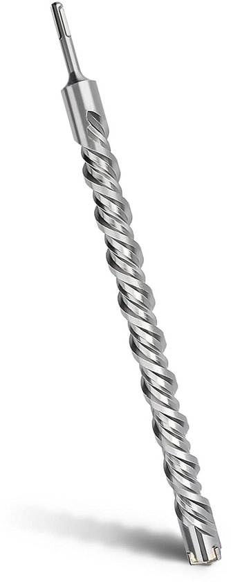 Een metalen SDS Plus betonboor met een dubbele spiraal.