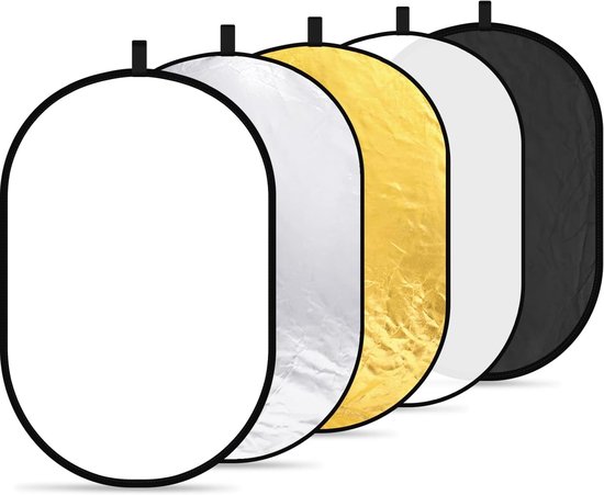 Vijf ovale reflectoren in wit, zilver, goud, wit en zwart.