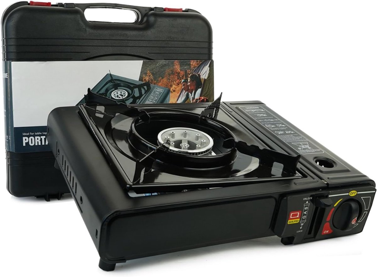 KAD® Camping Gasstel - Draagbaar Camping Gasstel - 1-Pits Kooktoestel - Inclusief Koffer - Automatische Ontsteking - Compacte Gaspit voor Buiten - Zwart - 34cm x 26cm x 8cm