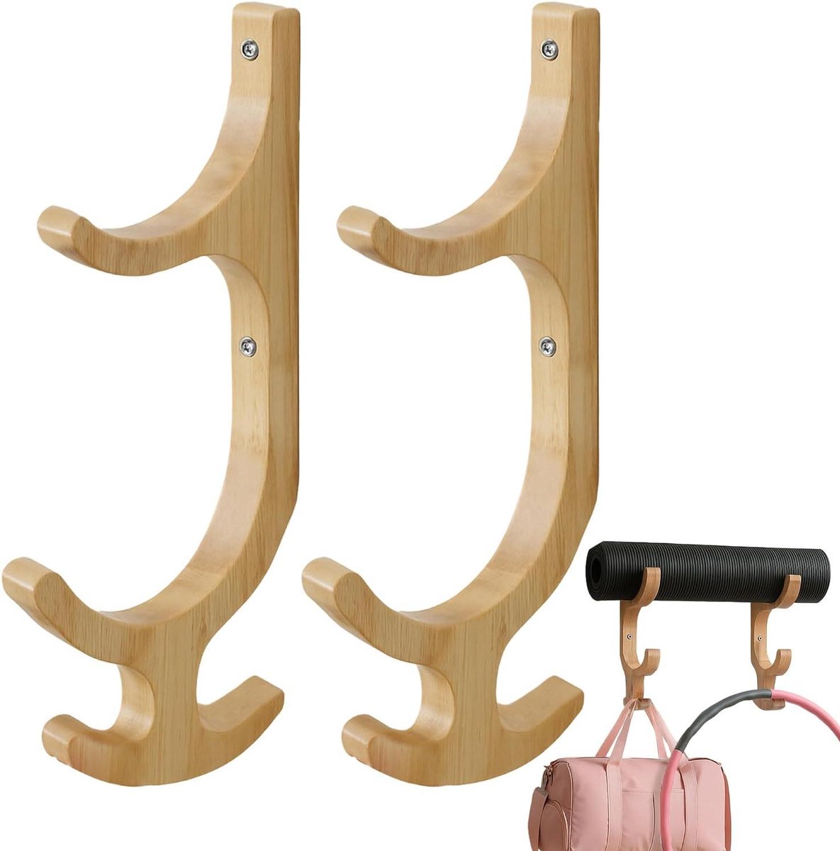 Wandhouder Organizer - Fitness Haken - Sportmateriaal Opbergen - Gemaakt Van Hout - 41 cm Lengte - Natuurlijk Hout