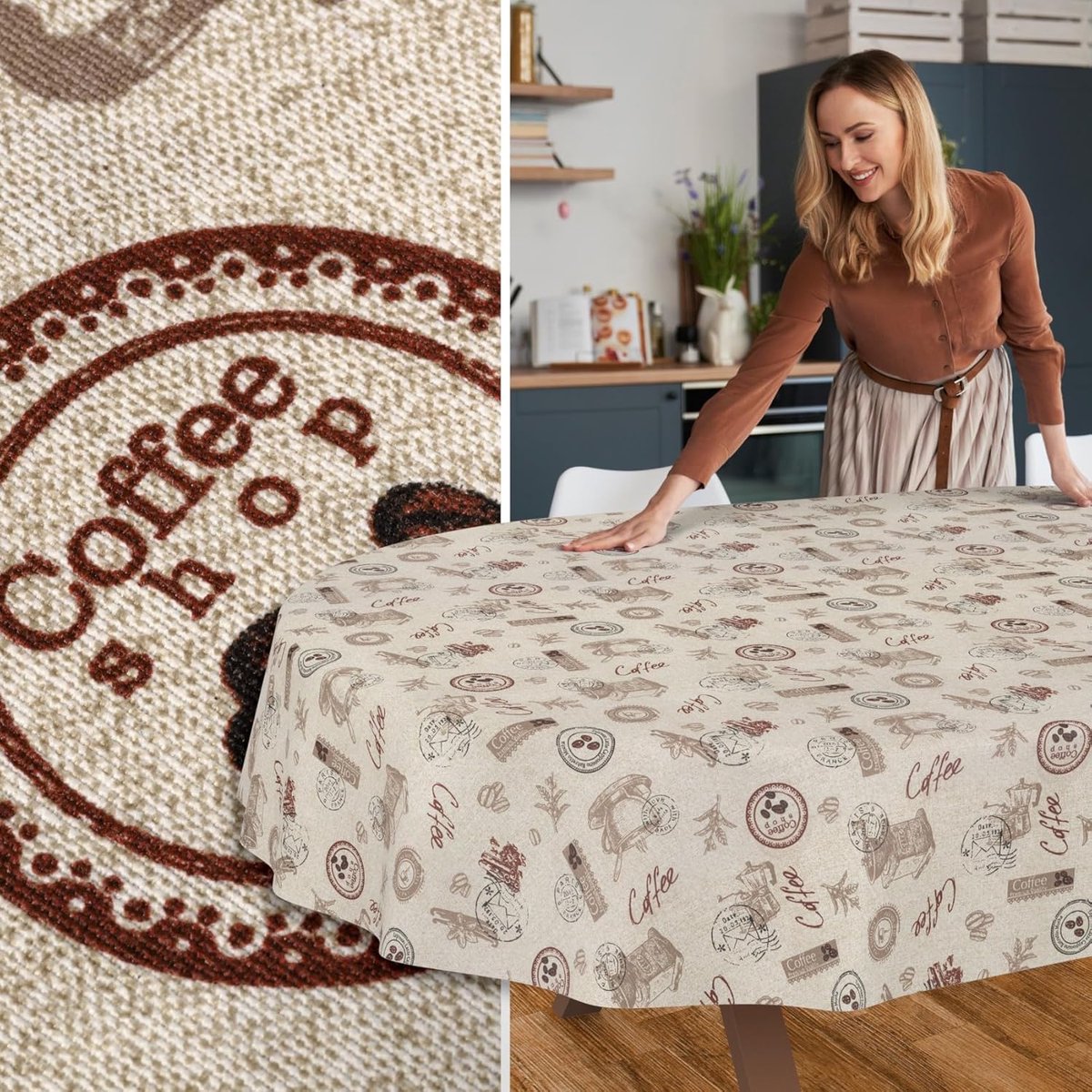 Tafelzeil - Tafelkleed - Koffie moment - Lotuseffect vuilafstotend - 220 x 140 cm - Beige