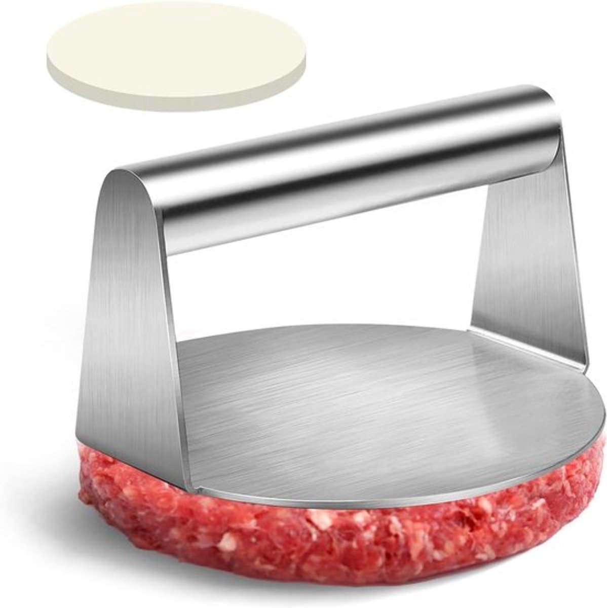 Hamburgerpers voor Smashburgers en Steak, 14 cm, RVS, Grillaccessoire.