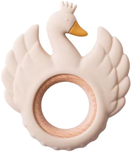 Een close-up van een beige zwaan-bijtring met een houten ring en gedetailleerde veren.