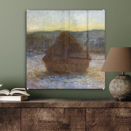 ® Glasschilderij 50x50 cm - Schilderij acrylglas - Hooiberg (dooi, zonsondergang) - Claude Monet - Foto op glas - Muurdecoratie woonkamer - Wanddecoratie slaapkamer - Schilderijen