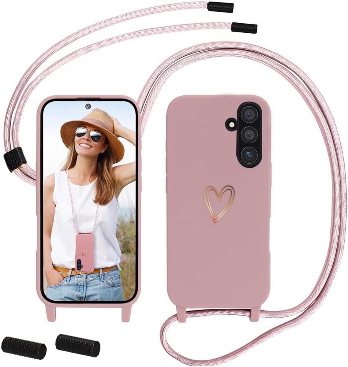 Schokbestendige Silicone Hoes voor Samsung Galaxy A56 5G met Schouderband en Hartpatroon in Roze