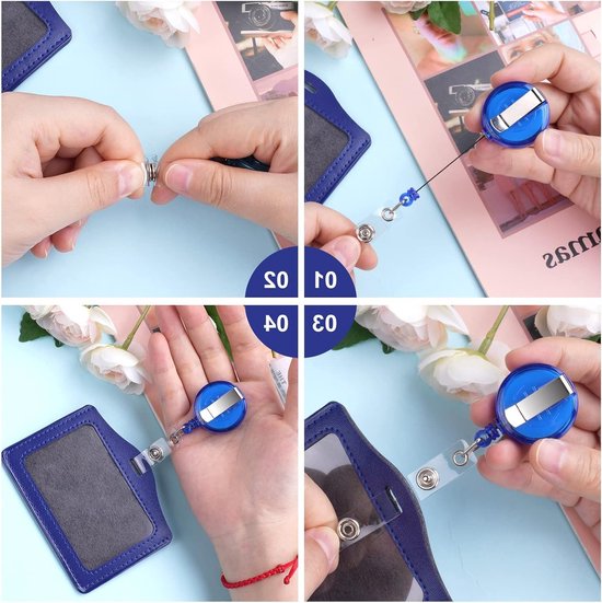 ID Badge Houder Set van 2, PU Leer en Plastic, Retractable ID Badge Reel, Handige Naamtag Houder voor School en Werk, Zwart en Donkerblauw van Merkloos — afbeelding 3