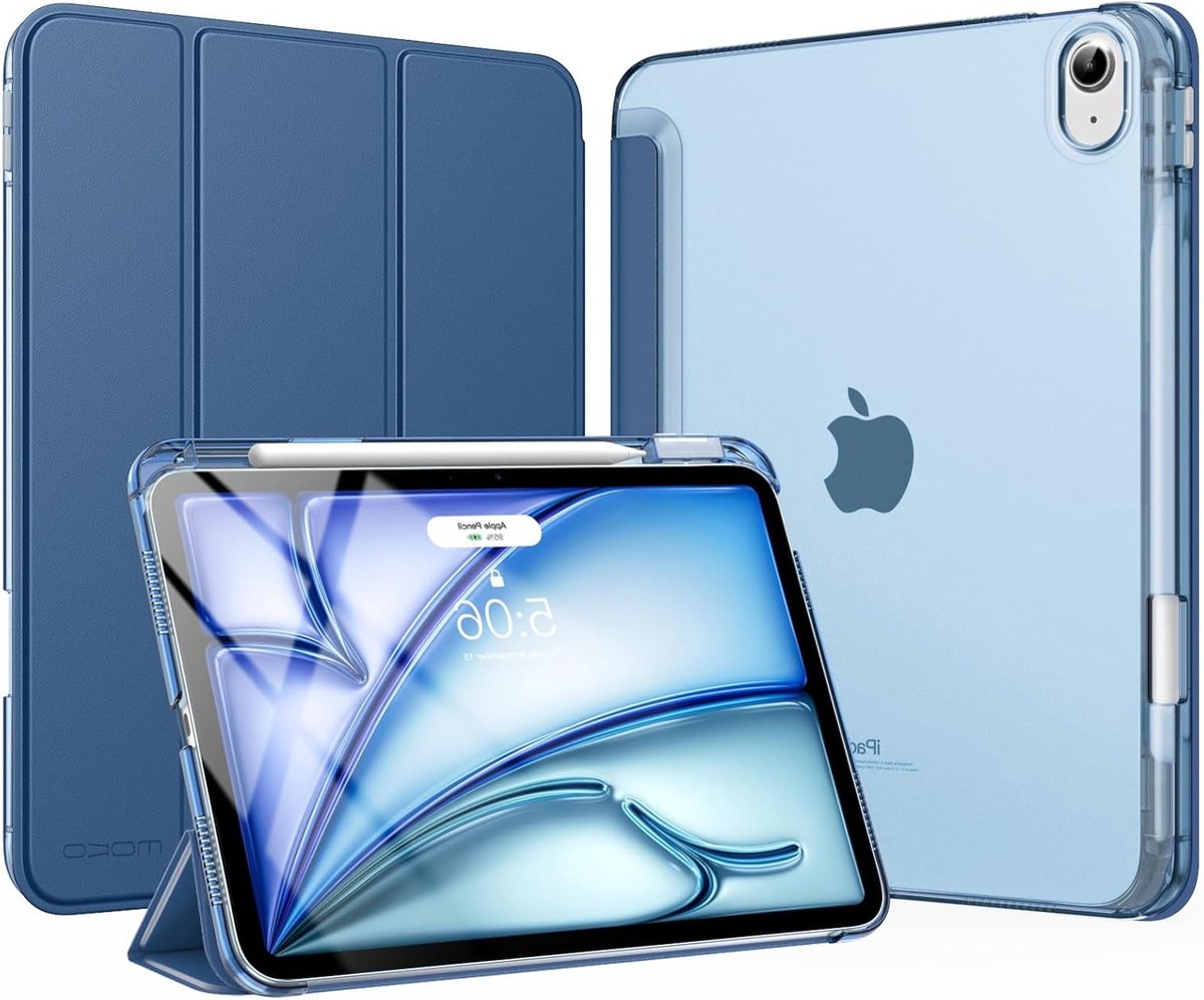 iPad Air 11 inch Hoes M3/M2 2025/2024, 5e/4e Generatie 10.9 inch Bescherming met Pencil Houder, Slanke Lichtgewicht Trifold Cover met Hard PC Achterkant, Donker Zee Blauw