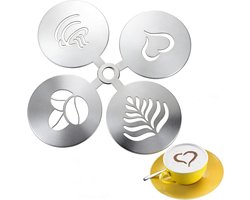 4 Stuks RVS Koffiestencils voor Cappuccino en Latte Art - Creatieve Melkschuim Decoratie met 4 Unieke Ontwerpen