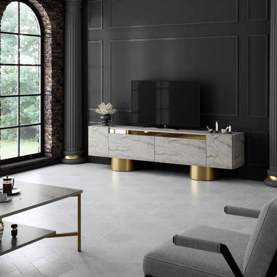 Tv-meubel in marmerlook met gouden poten, verlichting en zittribune.