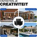 Voorbeelden van pergola's met zwarte hoekpaalverbinder: open haard, speelruimte, wandmontage, zwembadzijde.