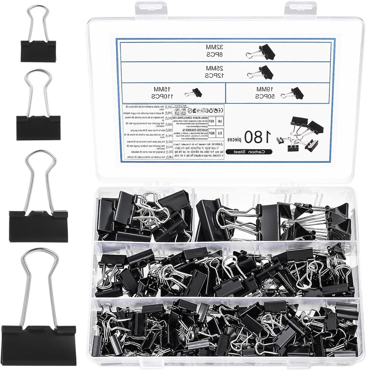 Bulldog Clips - Bindklemmen Paperclips - Documenten Organiseren - Sterke Klemkracht - 180 stuks 15-32mm - Zwart