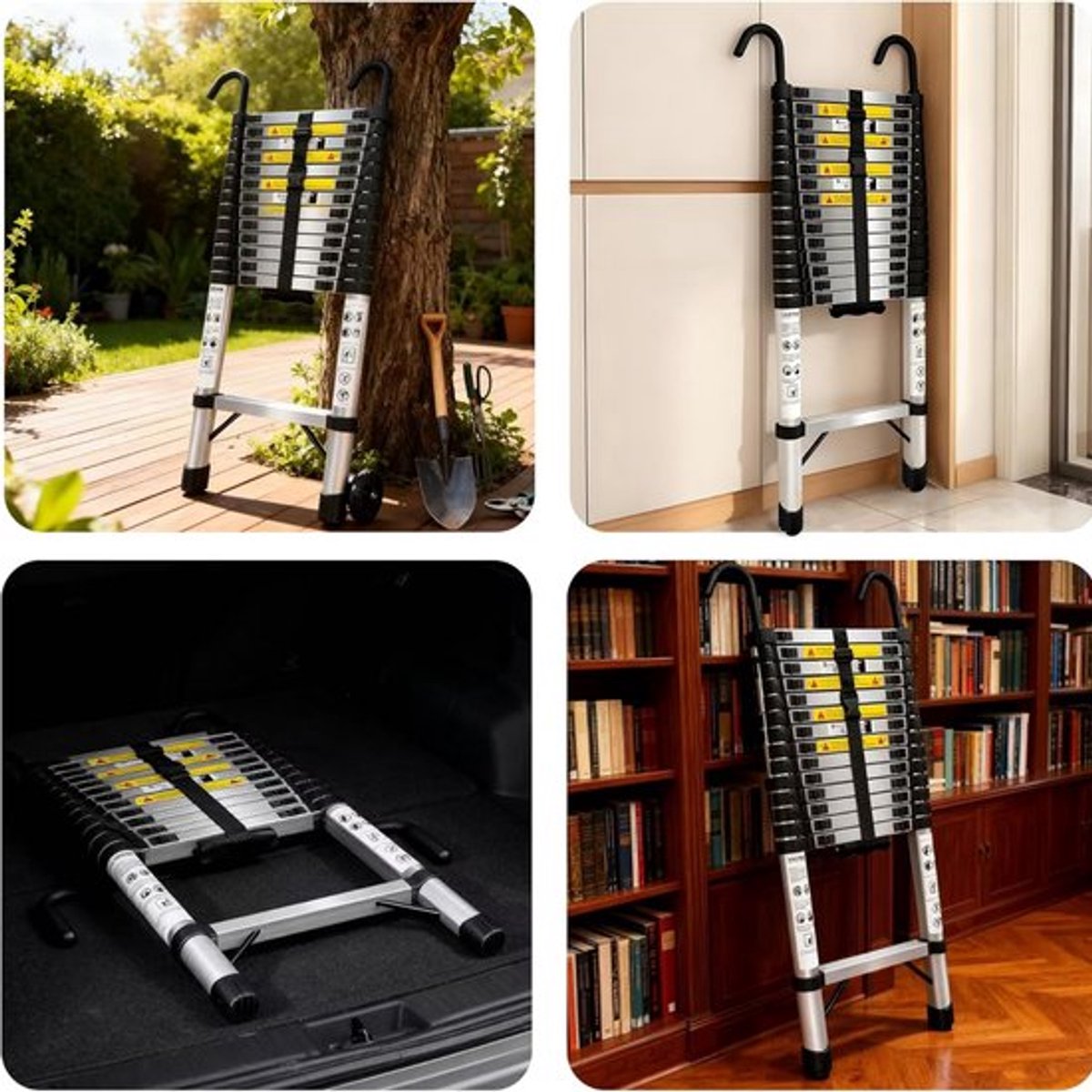 Uitschuifbare ladder 6.2 m – Telescopische vouwladder – Aluminium constructie – Antislip poten – Vergrendelbare treden – Inklapbaar ontwerp – Draagbaar – 150 kg draagvermogen – Met afneembare haken – foto 7