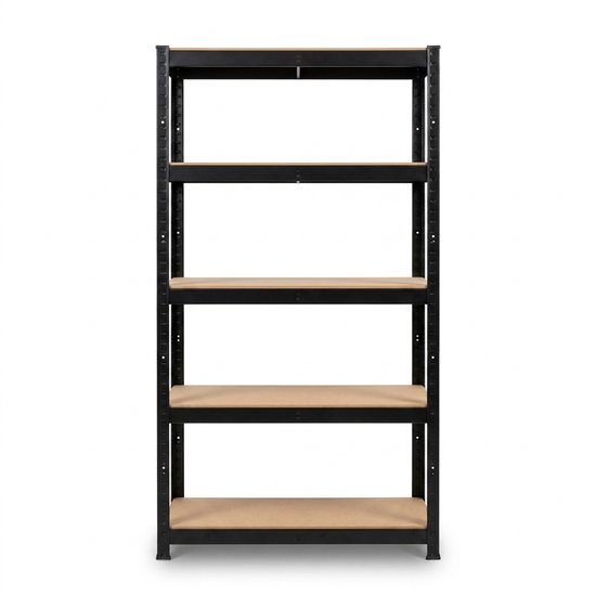 Une étagère noire à cinq tablettes en bois, se tenant sur un fond blanc.