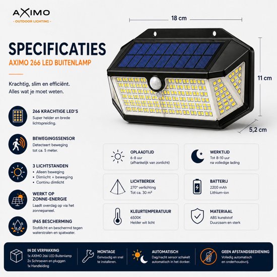 AXIMO Solar Buitenlamp met Bewegingssensor – 266 LED’s – Tuinverlichting op Zonne-energie – Wandlamp Buiten met 3 Standen – Dag & Nacht Sensor – IP65