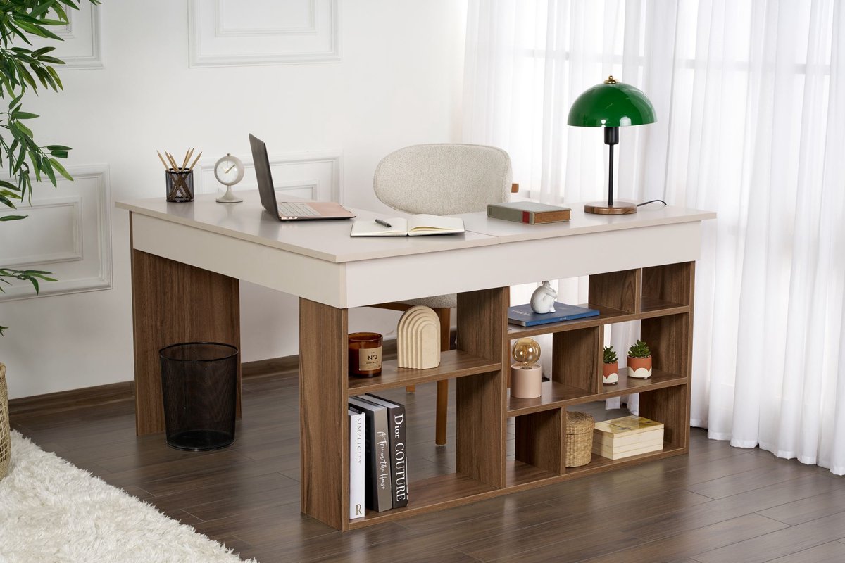 Skye Decor , Bureau, Vesper - Cashmere, Walnut, Gemelamineerde spaanplaat, Kasjmier & Walnoot, 130 x 120 x 72 cm
