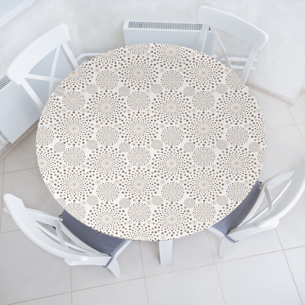 ABAKUHAUS abstract elastisch rond tafelkleed, bloemdecoratiepatroon, allround elastisch tafelkleed, 90 cm - 100 cm, beige