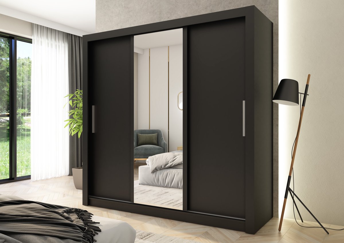 Promeubels - Kledingkast Miami - Zwart mat - 205cm - met spiegel - Garderobekast - Slaapkamer - Kast - Schuifdeuren