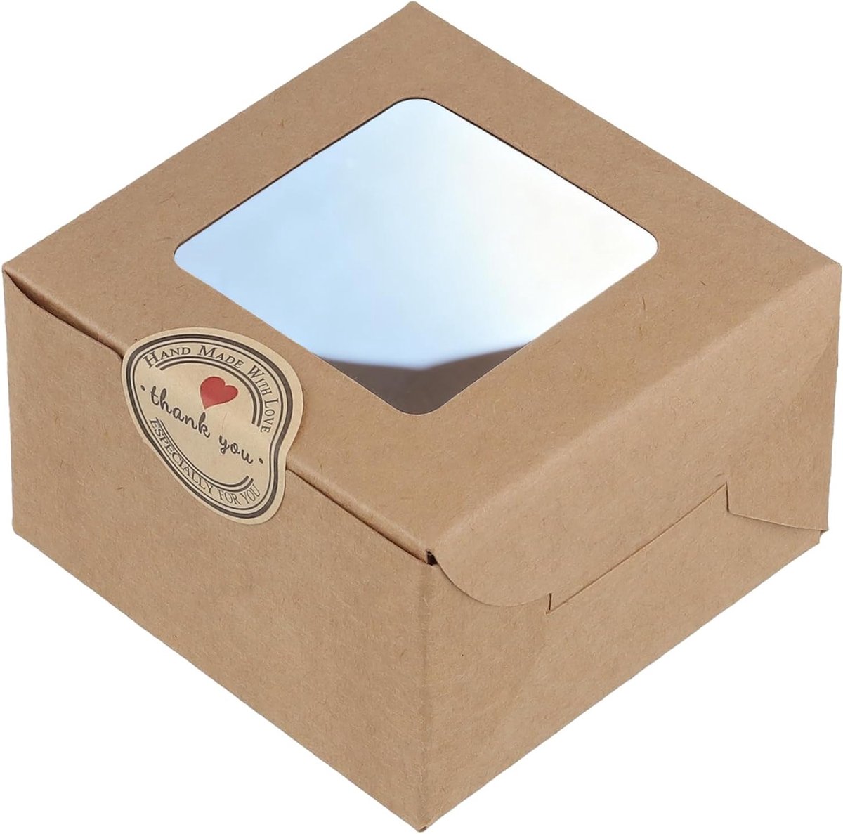 50 Stuks Kraft Papieren Taartdozen met Doorzichtig Venster en Stickers - Verpakking voor Cupcakes, Desserts en Koekjes, 10 x 10 x 6,3 cm