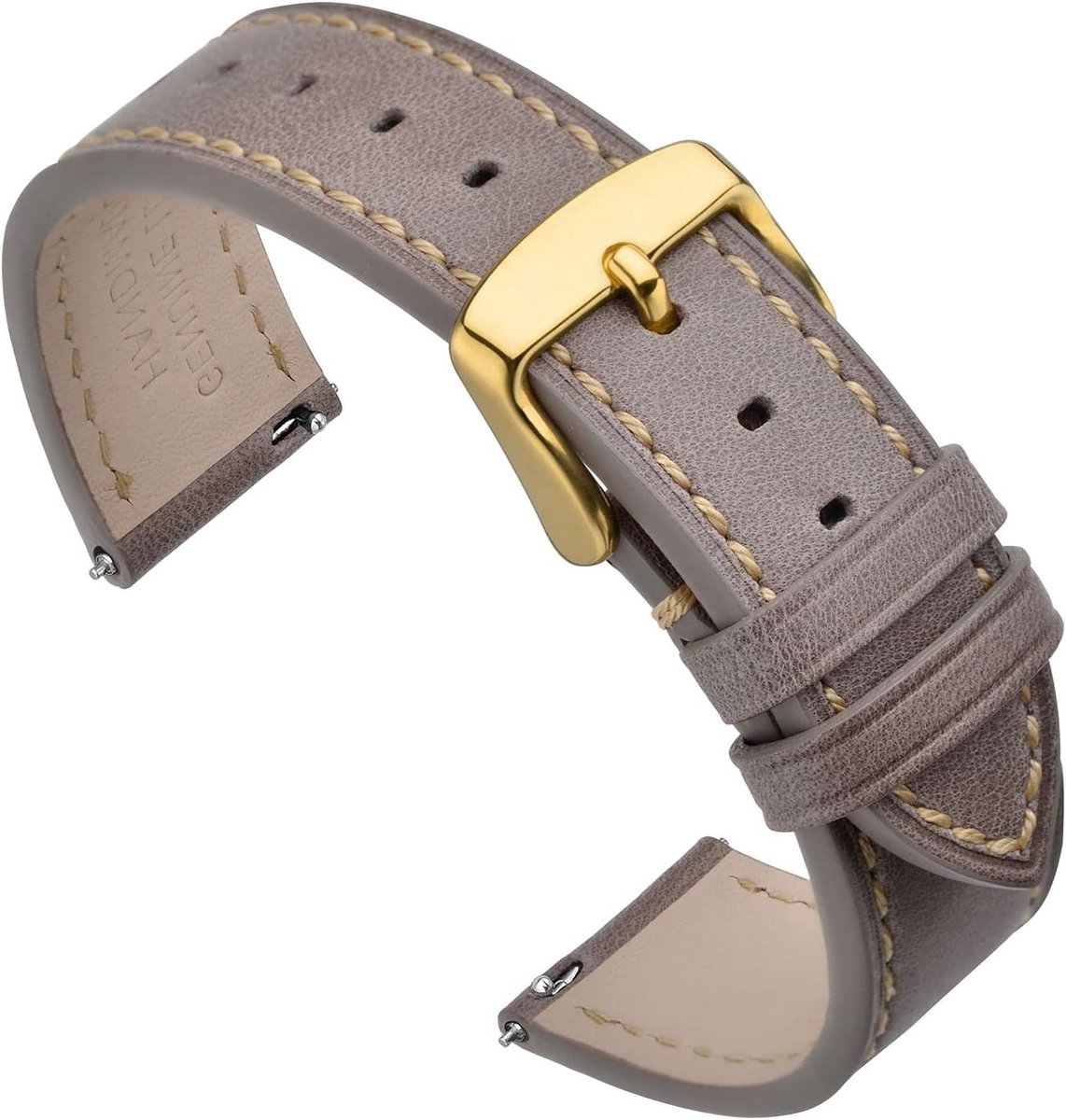 Leren horlogeband 17 mm tot 22 mm met snelsluiting, vervangband met roestvrijstalen sluiting en grijze/gouden gesp