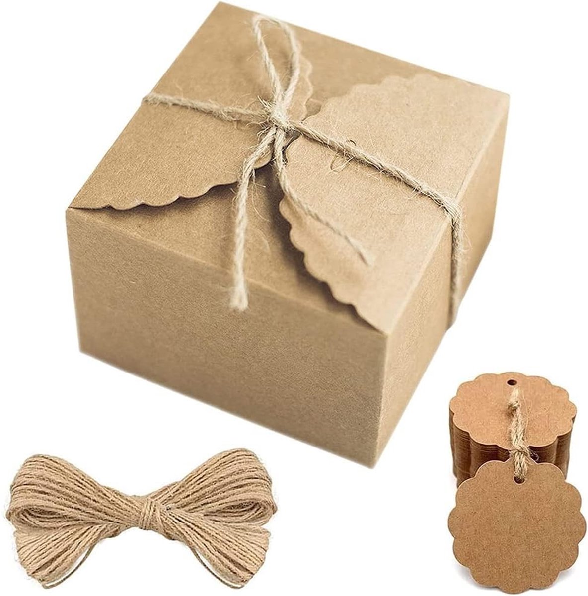 50 Stuks Bruine Kartonnen Cadeauboxen met Jute Koorden en Hangers voor Snoep, Koekjes en Snacks