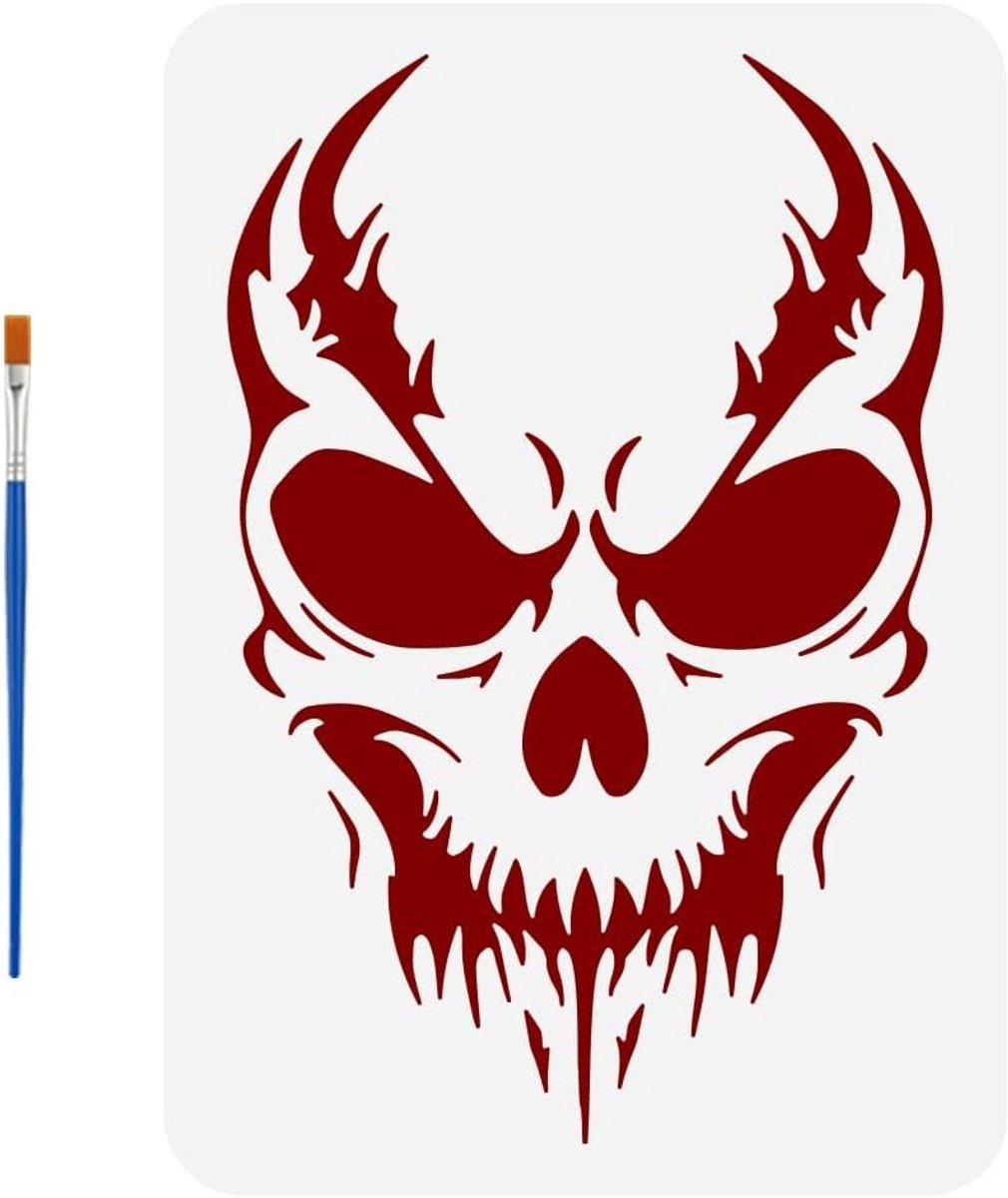 Creepy Skull Sjabloon voor Schilderen, 21 x 29.7 cm, Inclusief Kwast, Perfect voor Halloween Decoratie en Creatieve Projecten