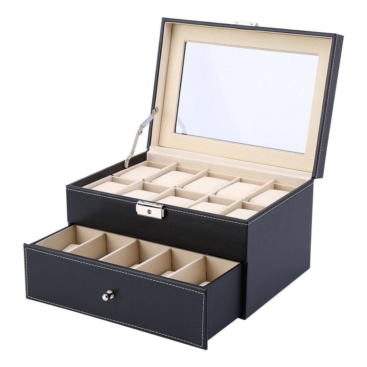 aladdien - Houten Horlogedoos - Horlogeopslag - Luxe PU Leer - Zwart - Horloge Organizer - Voor 6 tot 24 Horloges - Perfect voor Cadeaus