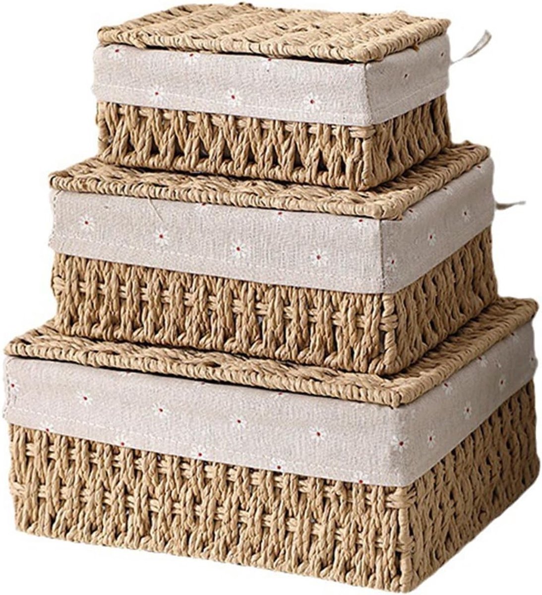 Set van 3 Handgeweven Opbergmanden met Deksel, Duurzaam Papieren Touw, Antislip Voering voor Slaapkamer, Badkamer en Speelgoedopslag in Boho-Stijl (Beige)
