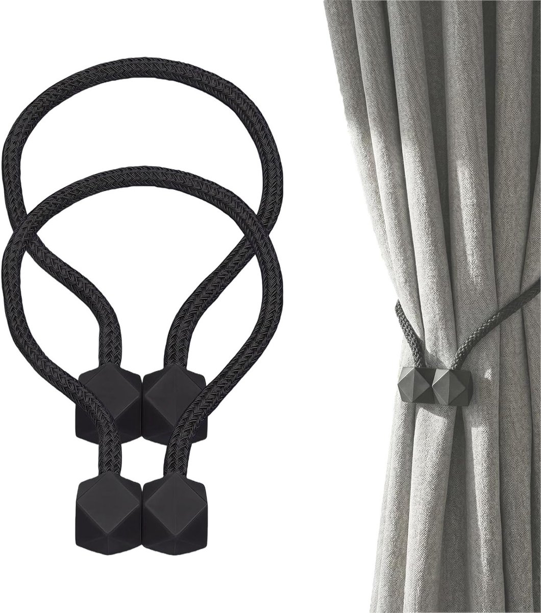 Zwarte Magnetische Gordijnhouders - Sterke Magnetische Gespen, Elastische Gordijntouwen, Geen Boren Nodig voor Woonkamer en Slaapkamer Decoratie