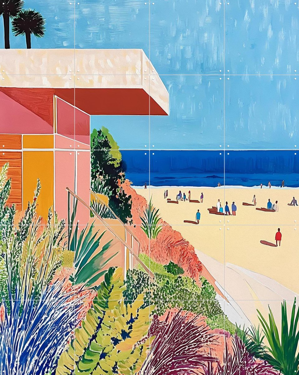 IXXI Strandhuis, Artclaud - 80 x 100 cm - Grote wanddecoratie en posters - Surrealisme, Pop art, Abstract, Illustraties, Kleurrijk, Slaapkamer Roze / Groen / Blauw