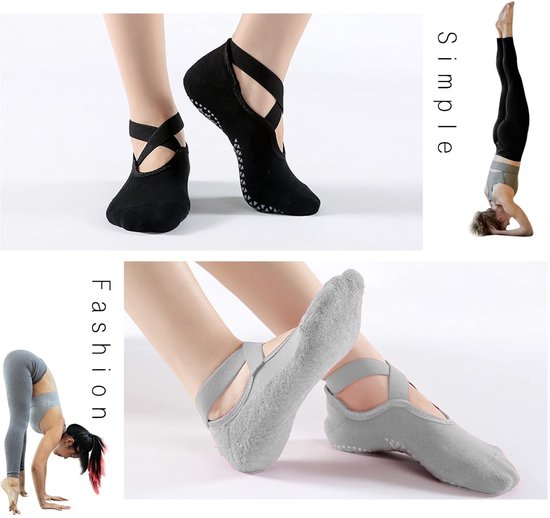 Allecto - Yoga sokken - Antislip sport sokken - Comfortabel en ademend - Zwart+grijs - Ideaal voor yoga en pilates - 2 paar voor dames en meisjes van allecto — afbeelding 4