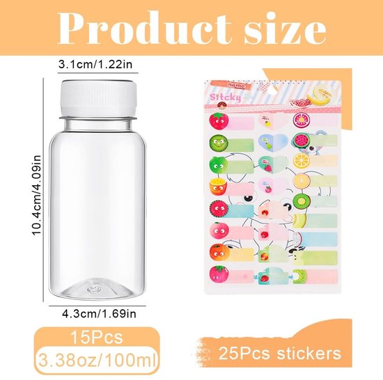 Dailygoods- Sapflessen 15 Stuks - 100 ml - Herbruikbaar PET - Plastic met Deksel - Mini Flessen met Stickers - Veilig en Duurzaam - Drankflessen van Dailygoods — afbeelding 3