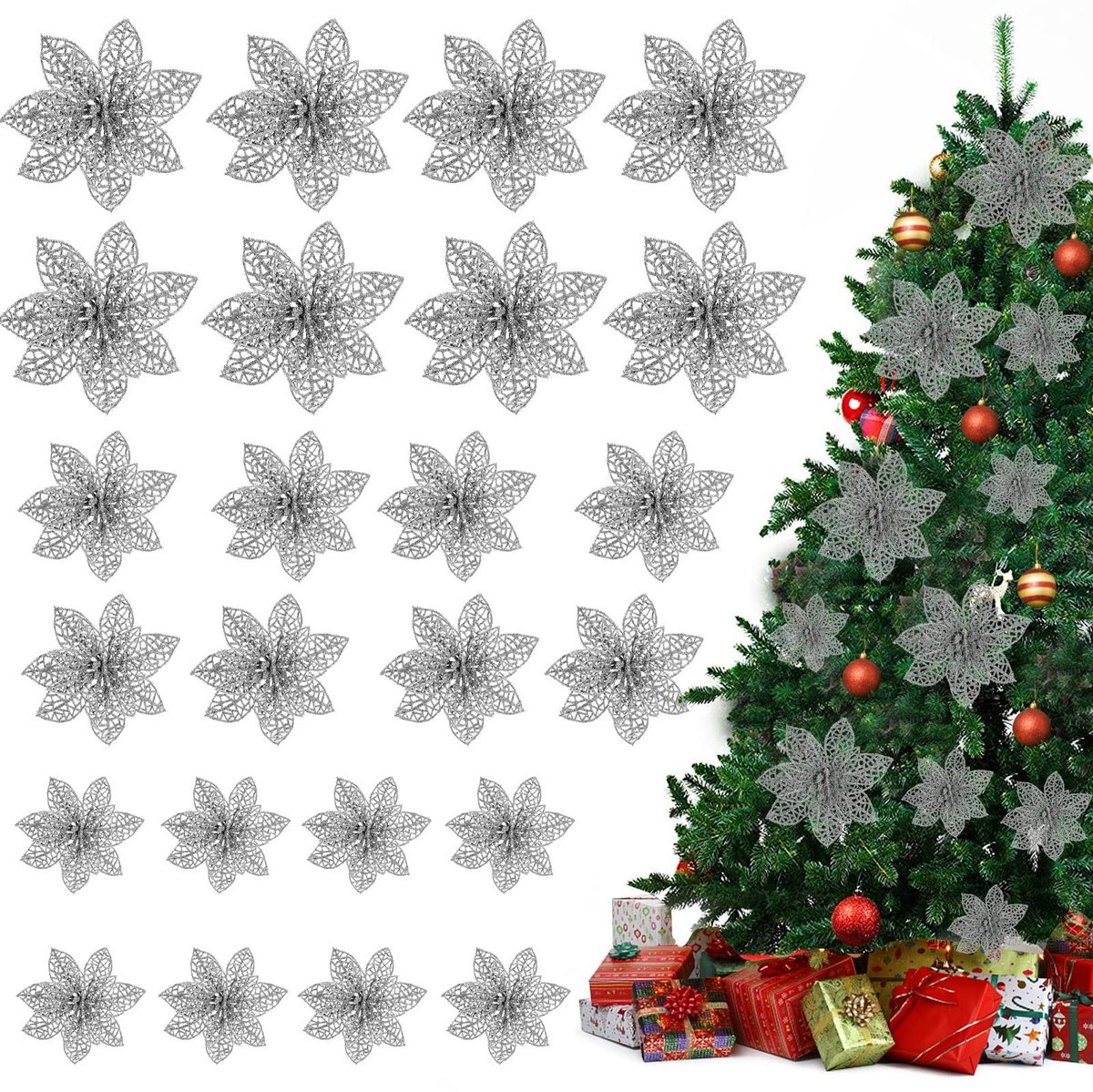 aladdien - Glitter Kunstbloemen - Kerstboomversiering - 24 Stuks - Decoratie Ornamenten - Bruiloft - Goud/Zilver/Rood