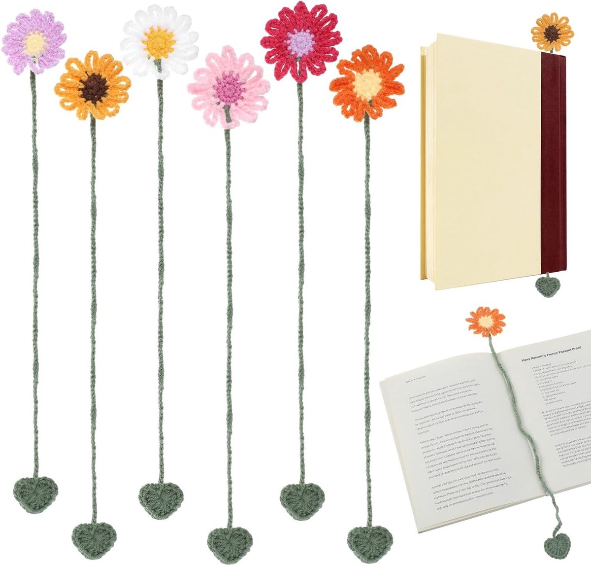 Handgemaakte Haakwerk Bloem Boekenleggers Set van 6, Unieke Lezen Accessoires voor Boekenliefhebbers en Leraren, Perfecte Cadeaus voor Boekentassen