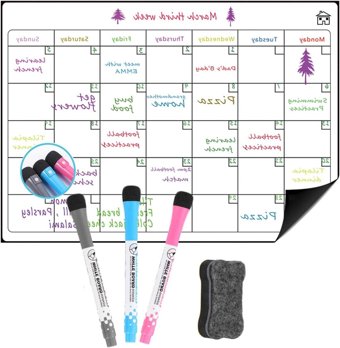 Maandplanner 42 x 30 cm, afwasbaar met 3 whiteboard stiften en 1 gum, ideaal voor takenlijst, evenementen en vakantieplanning, magnetisch voor op de koelkast
