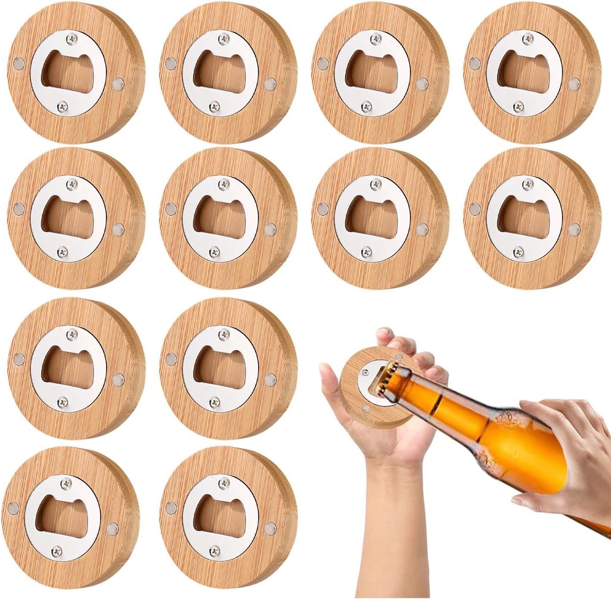 Set van 12 Magnetische Houten Flesopeners voor Bier en Blikjes