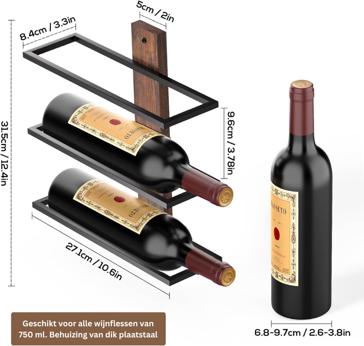 TopChoice® Wijnrek voor aan de Muur - Wijnflessen Houder - Ophangrek - voor 3 Flessen - Zwart — cadeau in Wonen & Interieur - foto 5